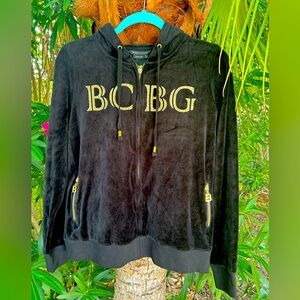 NWT BCBG fAbUloUs Black Velour Hoodie 🩷BLING BLING🩷 on the Gold Logos. SZ XL